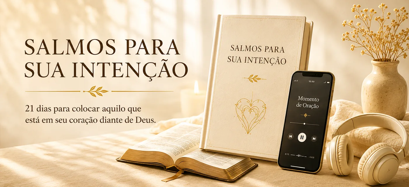 Livro Salmos para Sua Intenção ao lado de uma Bíblia aberta, celular com áudio de oração e fones de ouvido