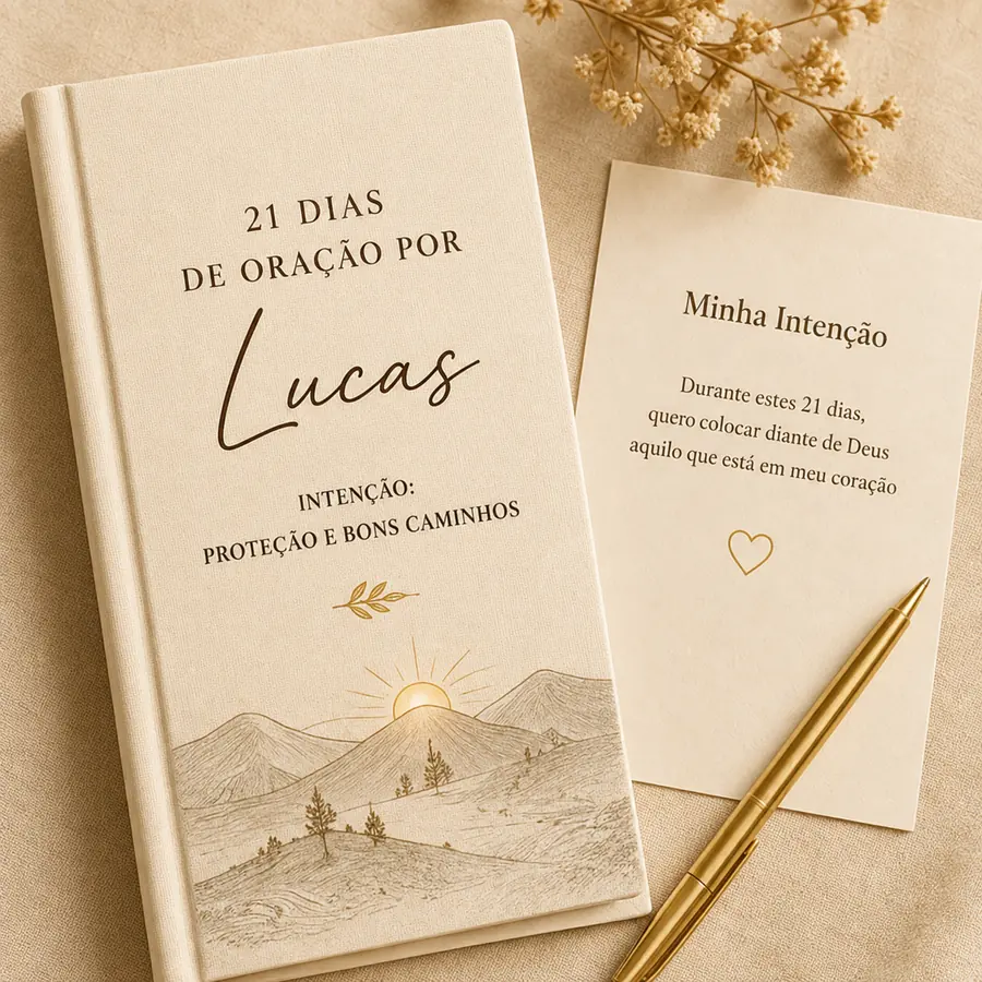 Exemplo de personalização: livro com o título 21 Dias de Oração por Lucas e um cartão com a intenção escrita