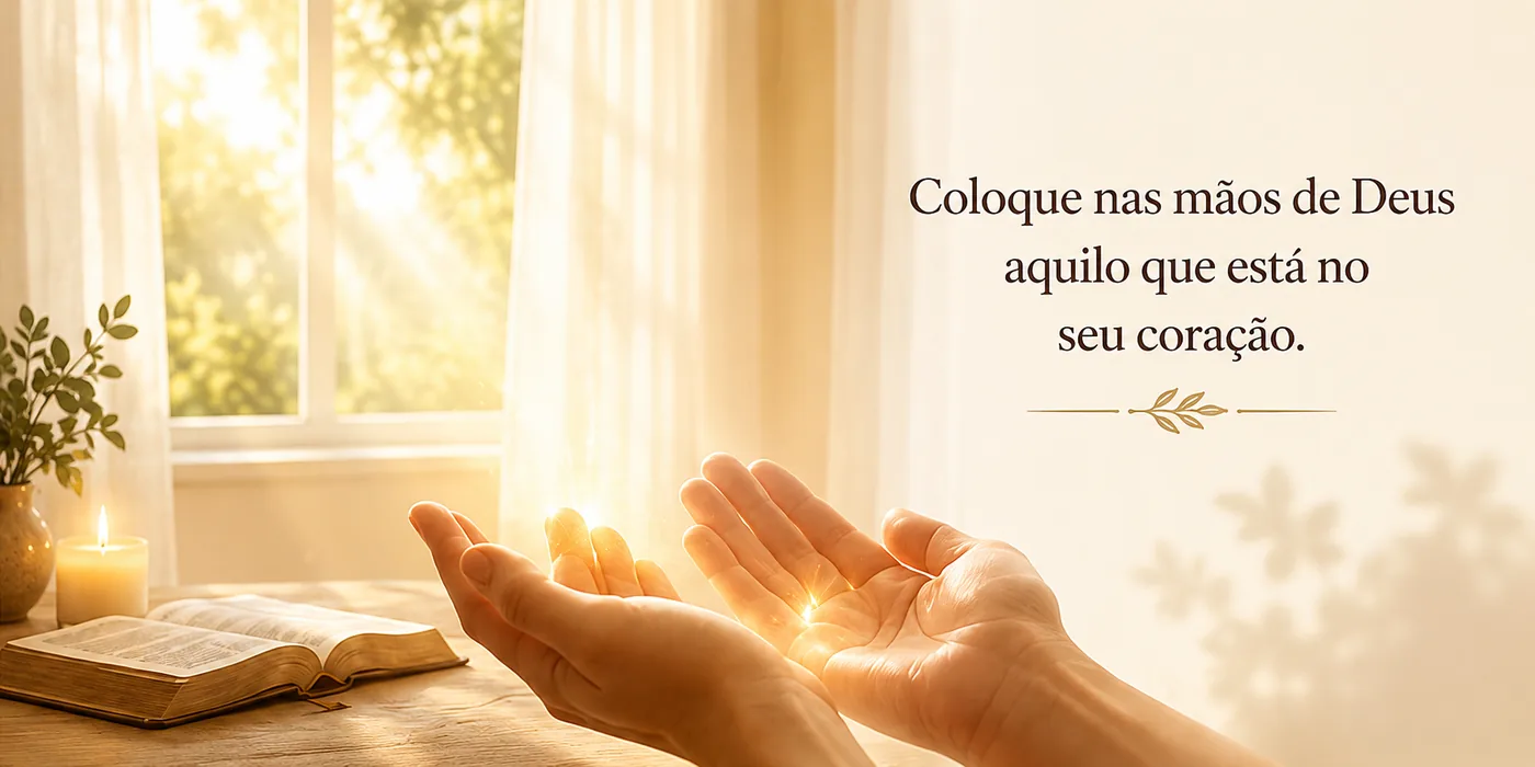 Mãos abertas diante de uma Bíblia e uma vela, com a mensagem: coloque nas mãos de Deus aquilo que está no seu coração